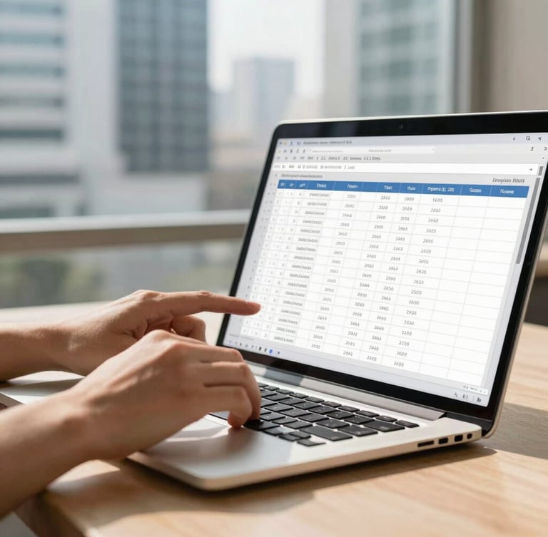 Close-up of hands reviewing a clean spreadsheet on a laptop in a sunlit workspace with architectural details of a modern Indian business district visible in the soft background.