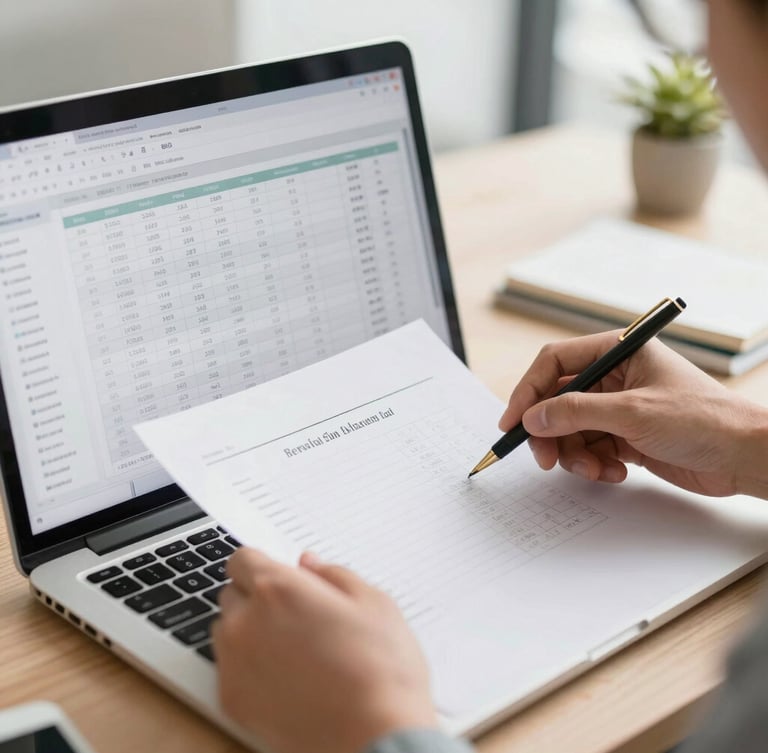 A close-up of a neat workspace in Bengaluru, hands reviewing clean financial spreadsheets on a laptop screen under soft daylight, shallow depth of field.