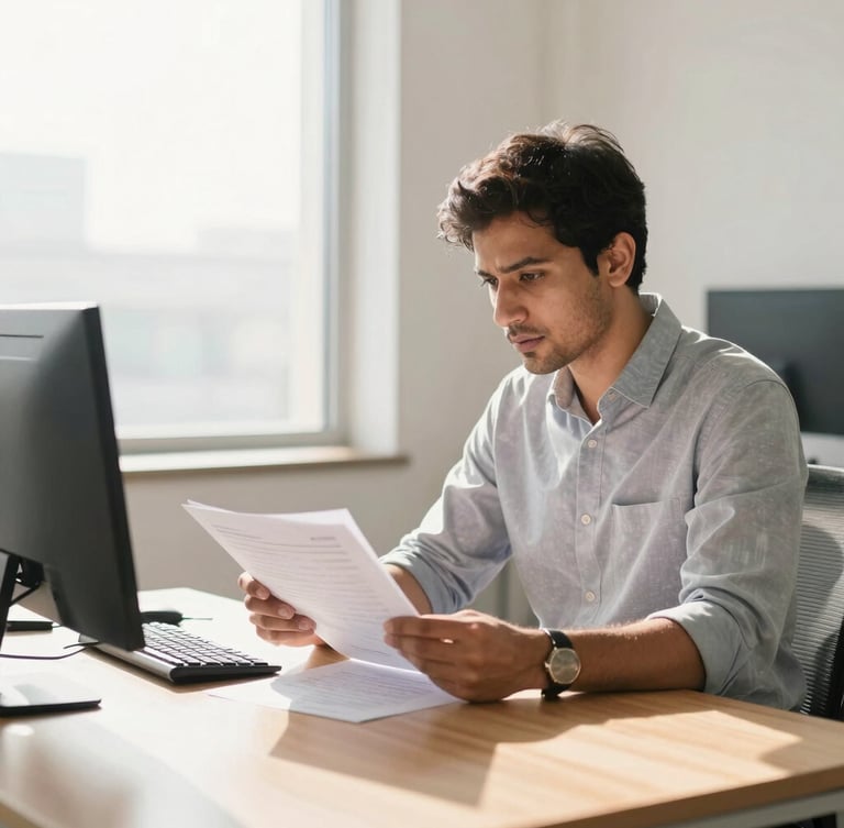 Modern sunlit office interior in Gurugram, a professional consultant reviewing physical documents at a wooden desk, soft natural light, editorial 35mm lens.