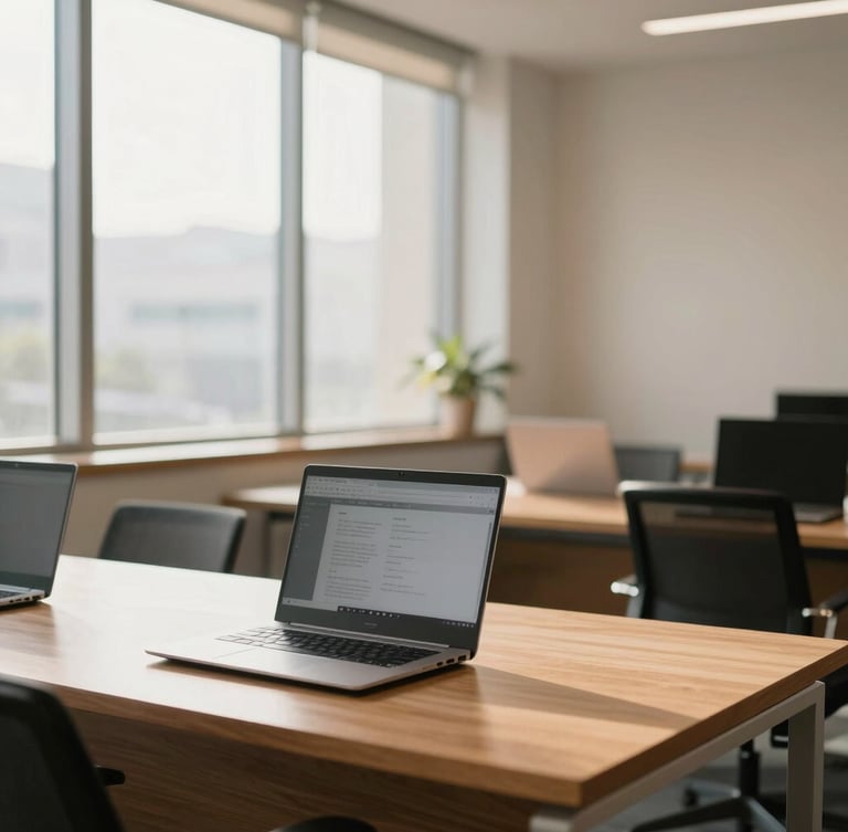 A modern, sunlit office interior in Bengaluru with neat wooden desks, laptops, and large windows casting soft natural light, shallow depth of field, warm editorial photography style.