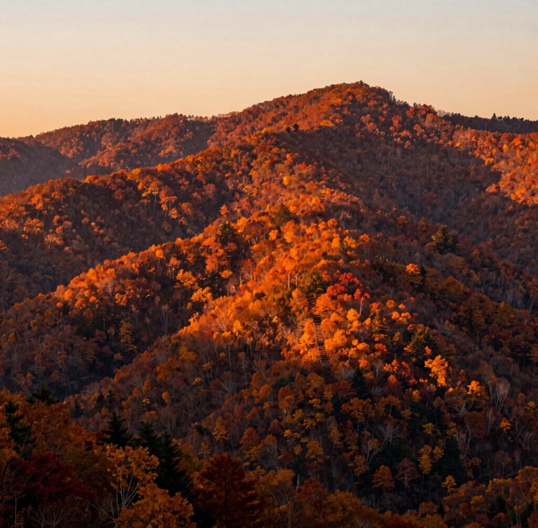 A wide panoramic view of the Great Smoky Mountains during autumn, vibrant orange and deep red foliage blanketing the ridges under a soft twilight sky