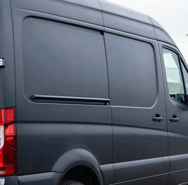 A close-up of a matte black commercial Mercedes Sprinter van, showing a flawless vinyl wrap application around the rear door hinge, sharp studio lighting, high contrast.