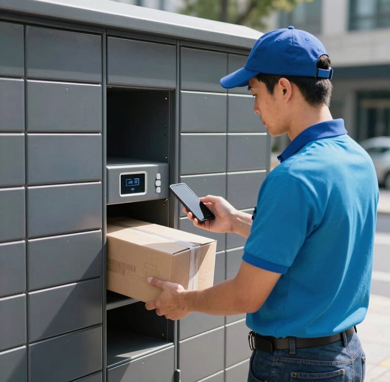 A courier in a clean uniform scanning a package with a smartphone in front of a sleek dark gray smart locker, bright morning light, sharp focus, modern editorial style.