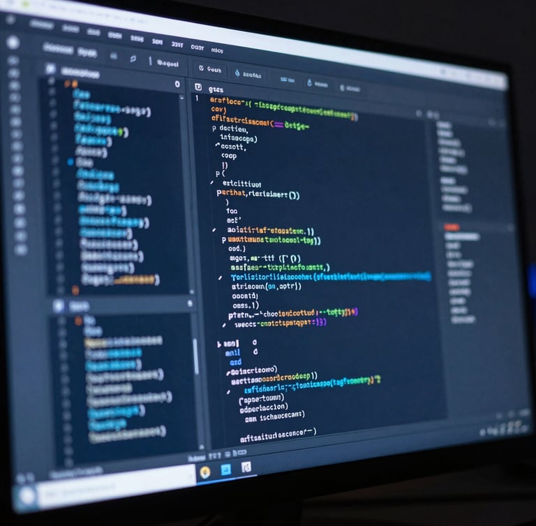 Extreme close-up of a clean digital interface displaying structural code and analytics on a high-resolution monitor, dark studio environment, crisp cobalt blue highlights.