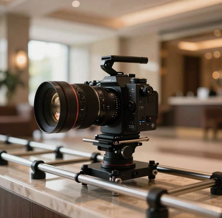 Cinematic close-up of a high-end camera rig on a tracking rail inside a luxury hotel lobby, warm directional morning light, soft background blur.
