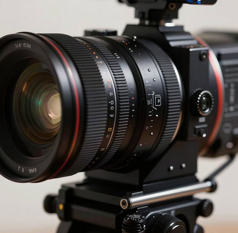 Cinematic close-up of a high-end cinema camera lens dial, dramatic high-contrast directional lighting, deep shadows, clean glass highlights, professional studio environment.