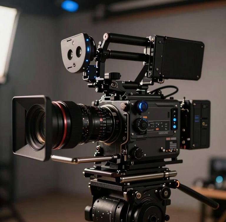Cinematic close-up of a high-end cinema camera rig on a dimly lit studio set, focus on mechanical lens dials, deep shadows, subtle blue accent light in background.
