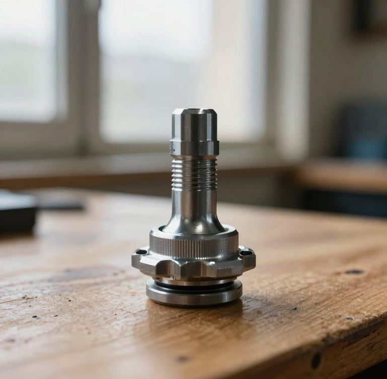 Crisp macro photography of a hardened steel bottom bracket on a clean wooden workbench, directional workshop window light, shallow depth of field