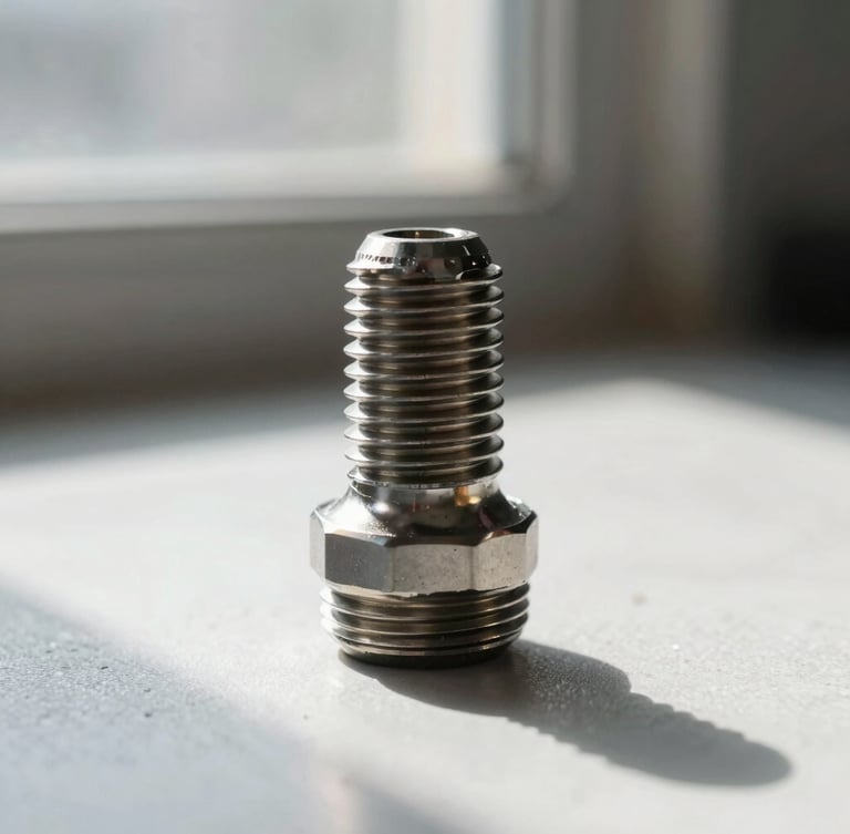 Crisp macro photography of clean steel bottom bracket threads, high-contrast workshop window light casting sharp shadows, shallow depth of field, 50mm