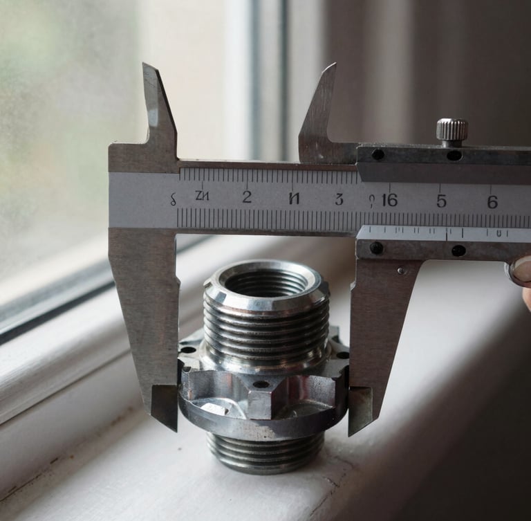 Crisp macro photography of a vintage steel bicycle bottom bracket shell, showing clean internal threads, vernier caliper measuring the diameter, natural workshop window light, shallow depth of field