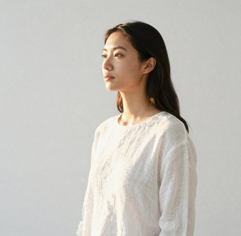 Luminous editorial portrait of a woman in minimalist white linen, soft golden-hour light shining from the side, clean negative space, 35mm