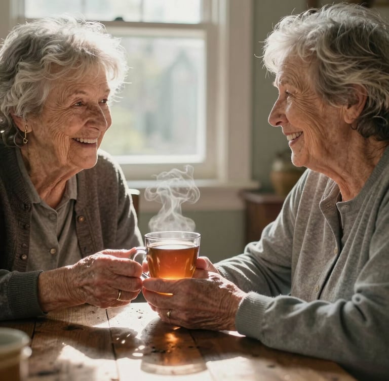 Close-up of human connection in a warm Taunton home. An elderly woman and her local carer are sitting together at a rustic wooden table, smiling warmly. Soft morning sunlight streams through a nearby window, highlighting a steaming mug of tea held between them.