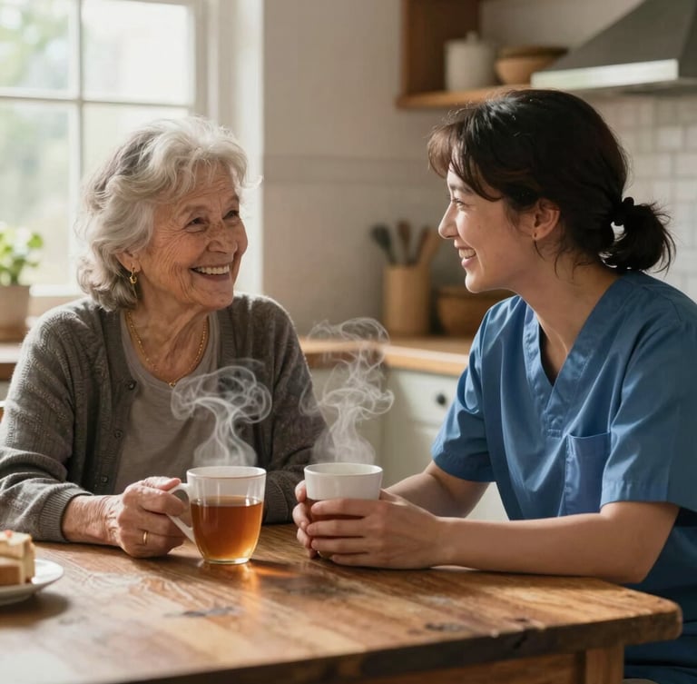 A carer and an elderly woman sitting together at a rustic kitchen table, sharing a warm laugh over two steaming mugs of tea, soft daylight streaming through a window.