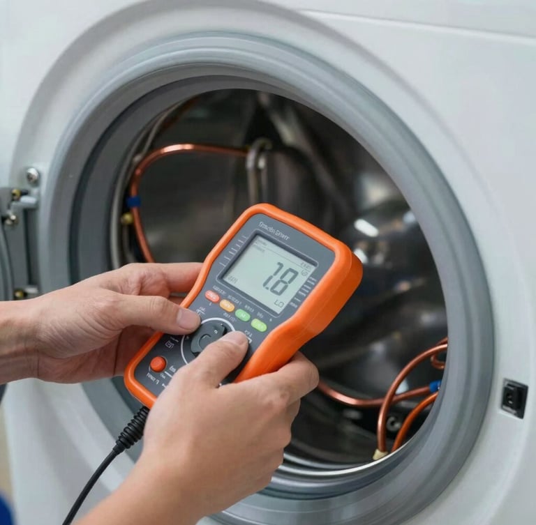 Close-up shot of a technician's hands using a digital diagnostic meter on a washing machine's copper wiring, crisp industrial focus, safety orange accents, bright utility lighting.