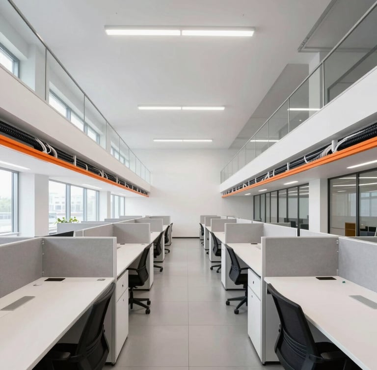 Symmetrical architectural shot of a bright, modern corporate office with clean desk lines, structured cabling channels, and high-contrast daylighting.