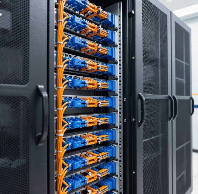 Crisp close-up of a perfectly organized server rack with blue and orange structured ethernet cabling, clean management, high-contrast lighting.