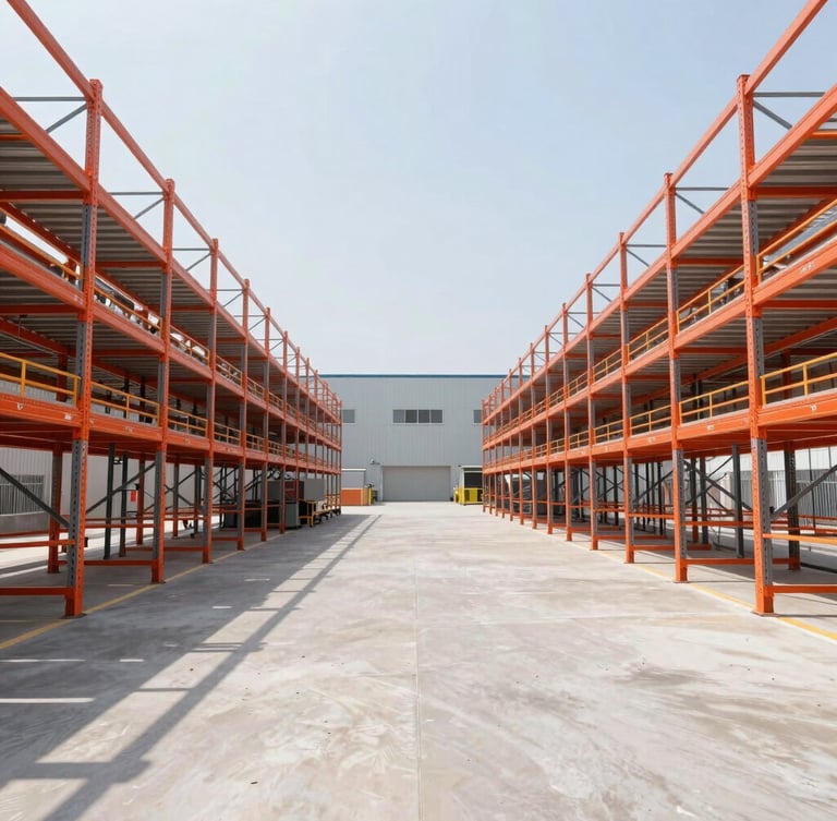 Symmetrical architectural shot of a newly completed clean industrial warehouse with bright orange steel racking systems, high-contrast cool daylight, wide-angle lens