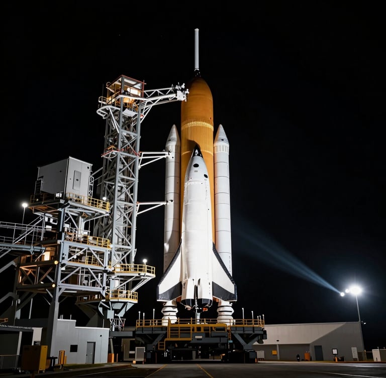 Wide cinematic shot of the Space Launch System rocket standing on the Kennedy Space Center launchpad under dramatic searchlights at night, high-contrast, stark white and deep space black, 70mm anamorphic.