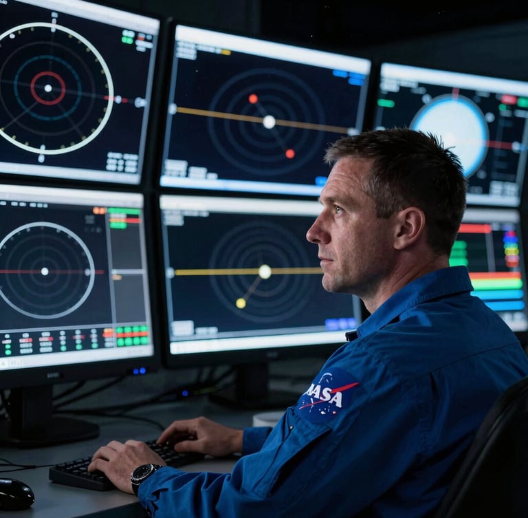 Close-up of a NASA flight controller sitting in the Mission Control Center, multiple glowing telemetry screens displaying orbital paths, focused expression, cool blue laboratory lighting.
