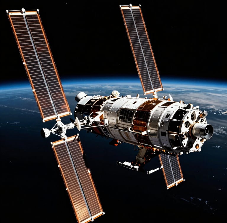 Close-up of the Orion spacecraft in deep space, sunlight glinting off its metallic solar arrays, the curved blue horizon of Earth visible in the distant background, high-contrast crisp aerospace photography
