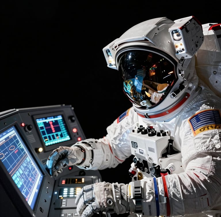 Close-up of an astronaut's hands on the glowing control panels inside an Orion spacecraft simulator, sharp technical displays reflecting off the helmet visor, cinematic lighting.