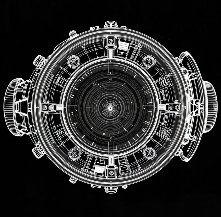 Technical blueprint line drawing of the Orion spacecraft interior, clean white lines on deep space black background, stark high-contrast vector style, 70mm anamorphic lens