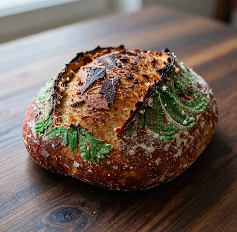 Close-up of freshly baked sourdough bread on a dark wooden table, soft natural Scandinavian side light, rich warm tones, shallow depth of field, 35mm photography