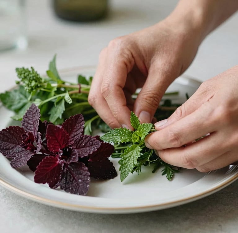 Close-up of hands arranging fresh herbs on a beautifully styled plate, soft natural Scandinavian daylight, rich crimson and forest green tones, shallow depth of field, 35mm
