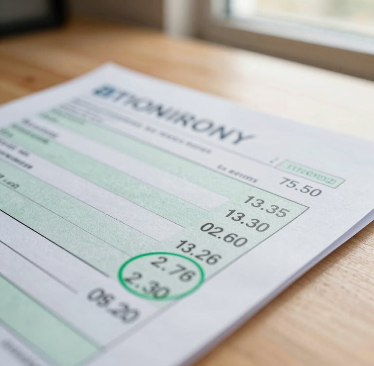 A tight macro shot of a paper utility bill on a wooden desk, with neat green pen circles around the monthly total rate, warm natural window light.
