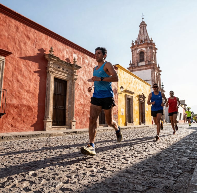 Low-angle action shot of runners in motion on a historic cobblestone street of Querétaro, bright early morning sunlight casting long shadows, vibrant athletic photography, 35mm