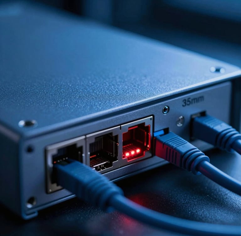 Macro detail shot of an enterprise firewall hardware port, cool blue studio lighting, sharp red indicator LED glowing, professional cabling, 35mm