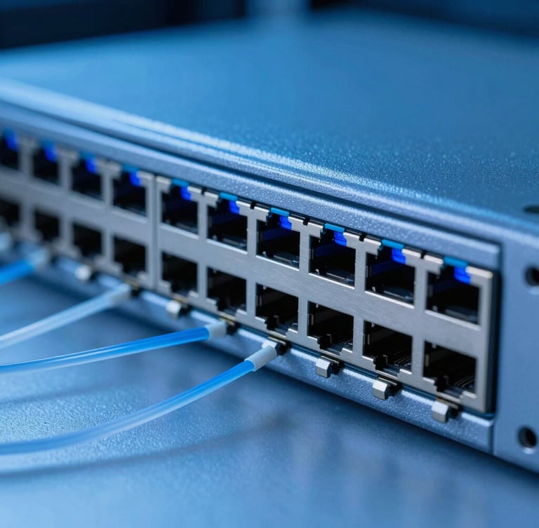 Macro detail shot of blue illuminated fiber optic ports on a high-end enterprise network switch, cool blue studio lighting, sharp contrast, 35mm
