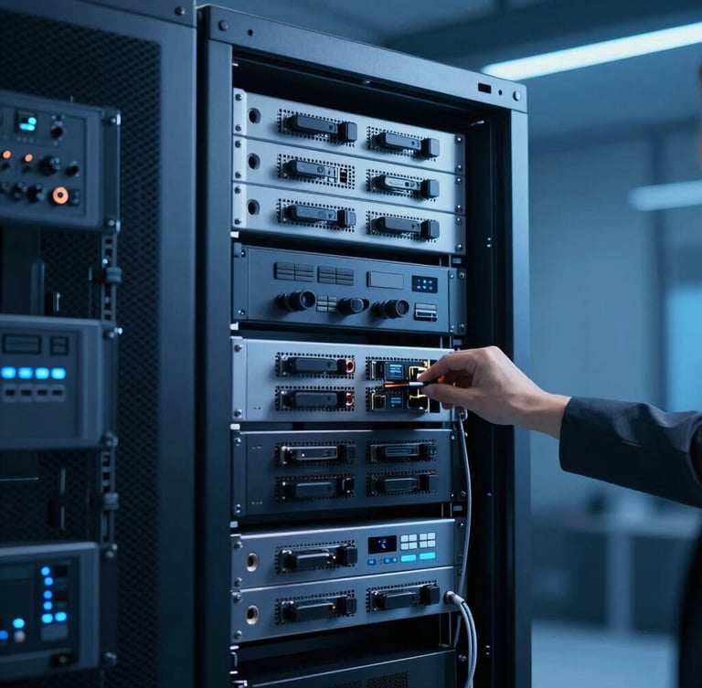 Sleek corporate technology photography, cool blue studio lighting, sharp contrast, professional network engineers configuring high-tech server environments, 35mm