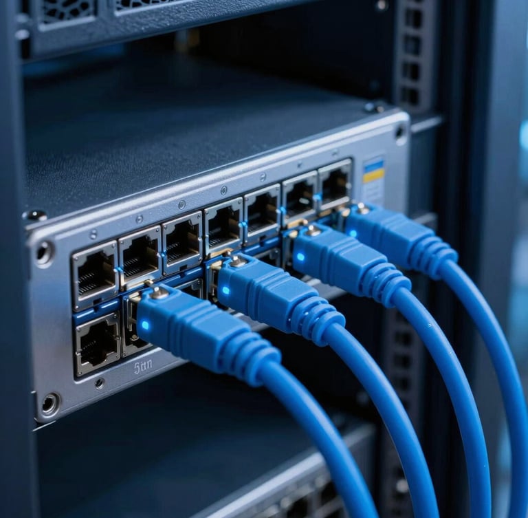 Close-up of professional networking hardware ports with glowing blue fiber optic cables connected, clean cable management, cool studio lighting, 35mm