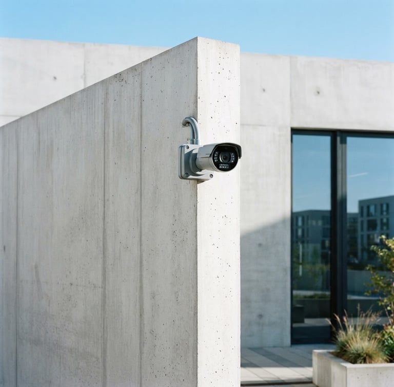 Sleek modern CCTV camera mounted on a clean concrete architectural corner, bright natural daylight, cool blue tones, sharp focus