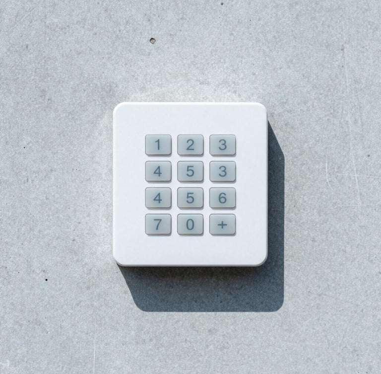 Medium close-up of a sleek white security alarm keypad mounted on a minimalist concrete wall, bright natural daylight, cool blue undertones, sharp focus.