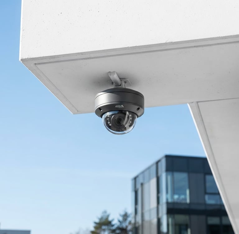 Crisp architectural photography of a sleek, modern dome CCTV camera mounted on a clean white concrete soffit, bright natural daylight, cool blue sky in background, sharp focus, 35mm lens.