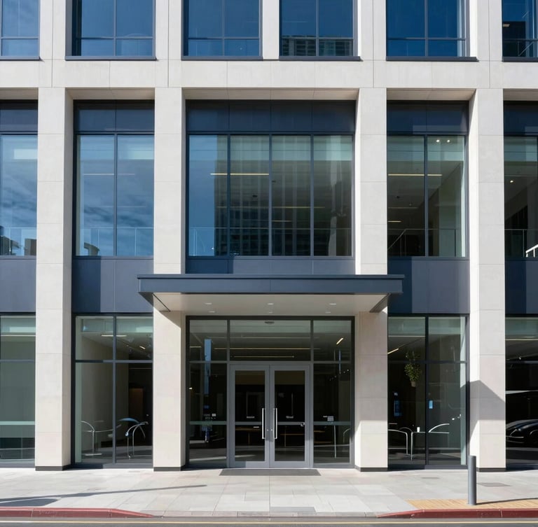 Bright natural daylight architectural shot of a modern commercial building facade with clean glass windows and a professional entrance in Sydney, corporate blue tones