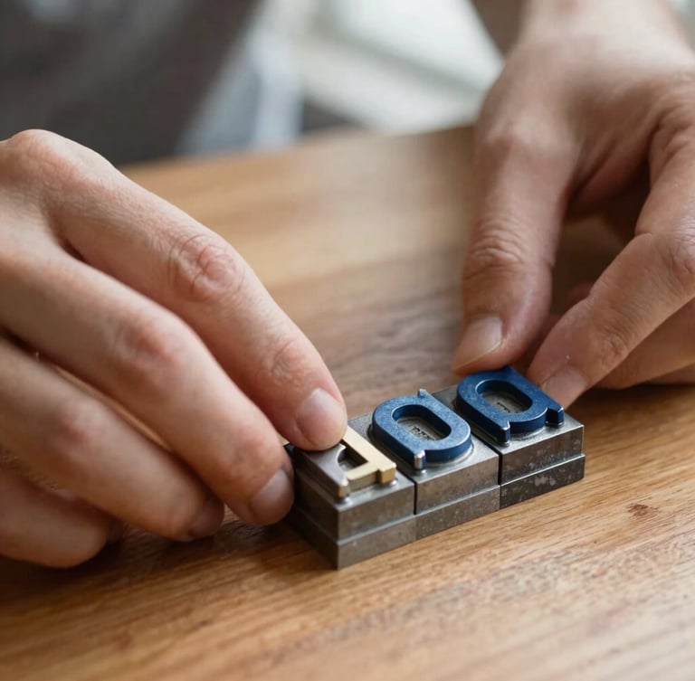 Close-up macro shot of hands carefully arranging metal typesetting letters on a wooden table, warm library lighting, tactile paper textures.