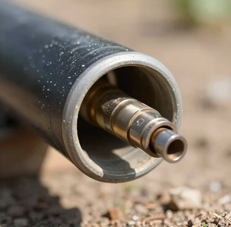 Macro photography of an agricultural drip irrigation pipe cross-section, showing the precise inline emitter, natural daylight, high-contrast shadows