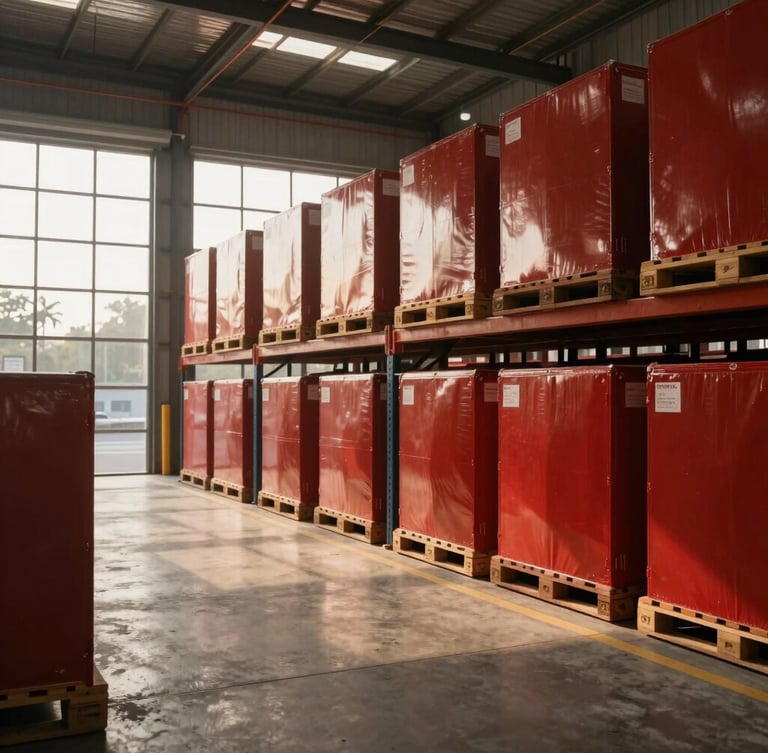 Wide-angle interior of a modern, organized Bhiwandi logistics warehouse with secure cargo pallets and clean concrete floors, warm morning light streaming through high windows.