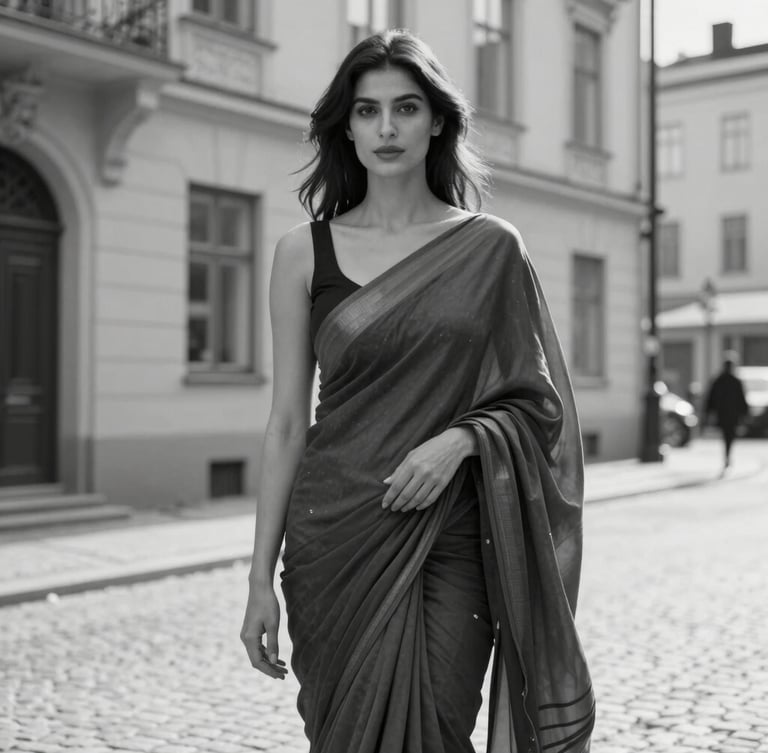 Medium shot, black and white editorial fashion photography of a modern woman in Stockholm streets draped in a classic saree, soft Scandinavian daylight, elegant architectural background.