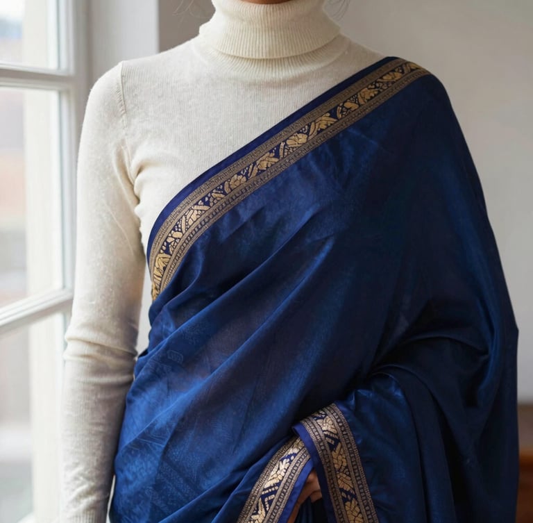 Close-up editorial shot of a deep blue silk saree layered under a cream cashmere turtleneck sweater, soft window light, focusing on the rich gold embroidery details.