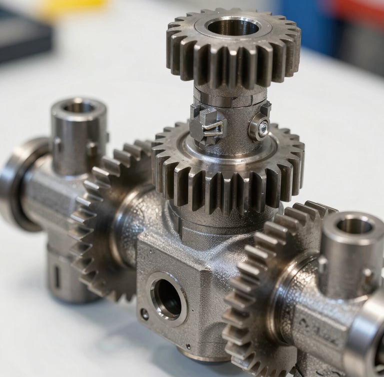 Sharp detailed macro shot of heavy-duty steel gears and hydraulic valves in bright, clean workshop daylight, high-contrast metallic tones.