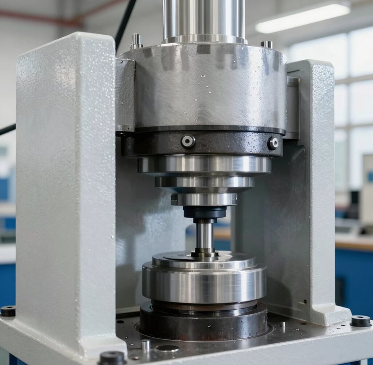 Sharp industrial photography of a heavy-duty steel hydraulic press component in bright clean workshop daylight, 50mm lens
