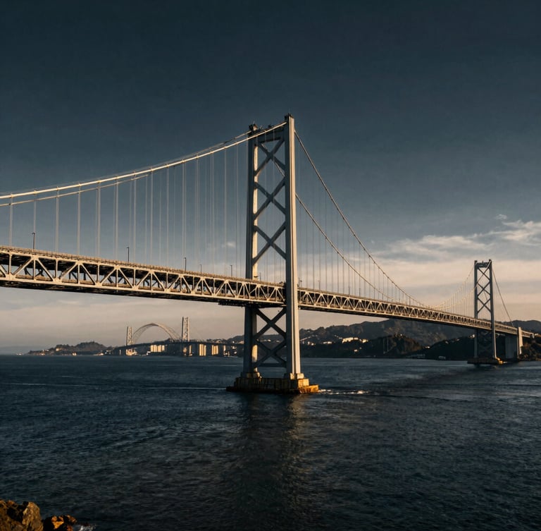 High-contrast wide-angle shot of a massive steel suspension bridge spanning a deep harbor, dramatic sunlight catching the cables, industrial scale