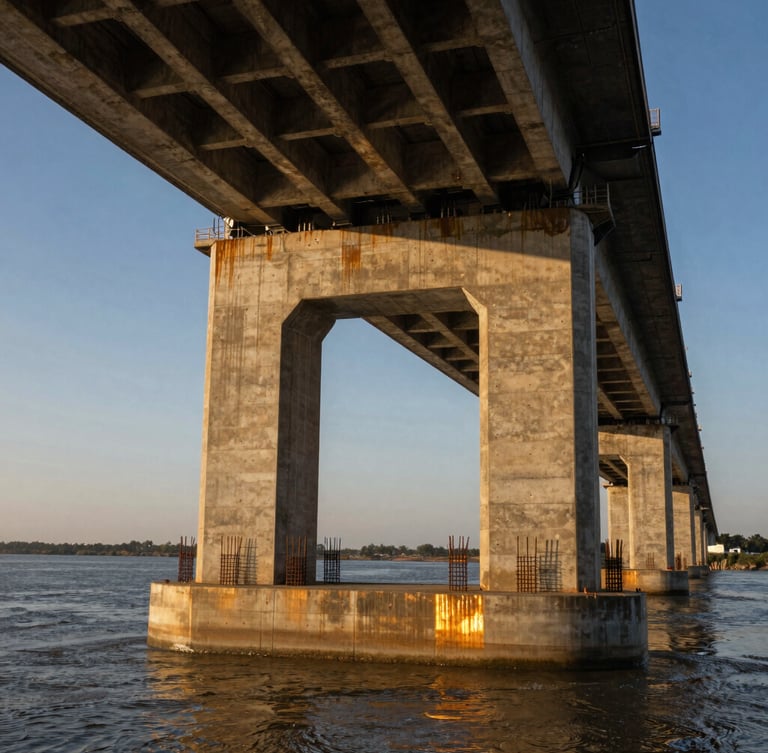 Wide cinematic shot of massive concrete bridge pillars rising from a riverbed, dynamic golden hour sunlight reflecting off wet steel reinforcements
