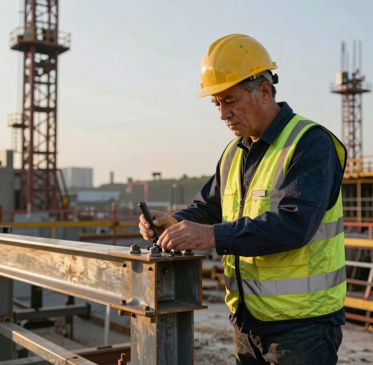 Close-up of a senior civil engineer in high-visibility gear inspecting steel joints on an active industrial construction site, cool overcast daylight