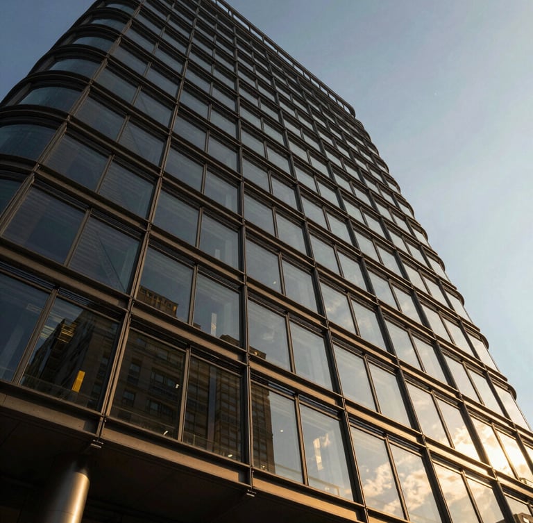 Low-angle dramatic view of a modern high-rise glass facade reflecting golden-hour sunlight, structural steel framework visible, wide lens, cinematic lighting