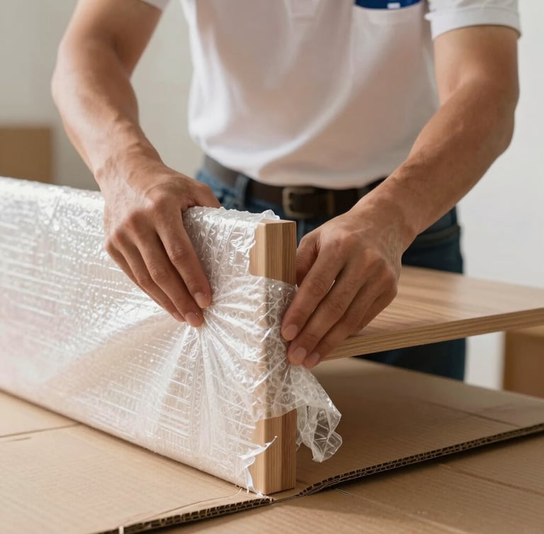 Close-up action shot of a professional mover in a clean uniform wrapping a wooden furniture corner with heavy-duty bubble wrap and protective cardboard, bright natural daylight, sharp focus on hands.